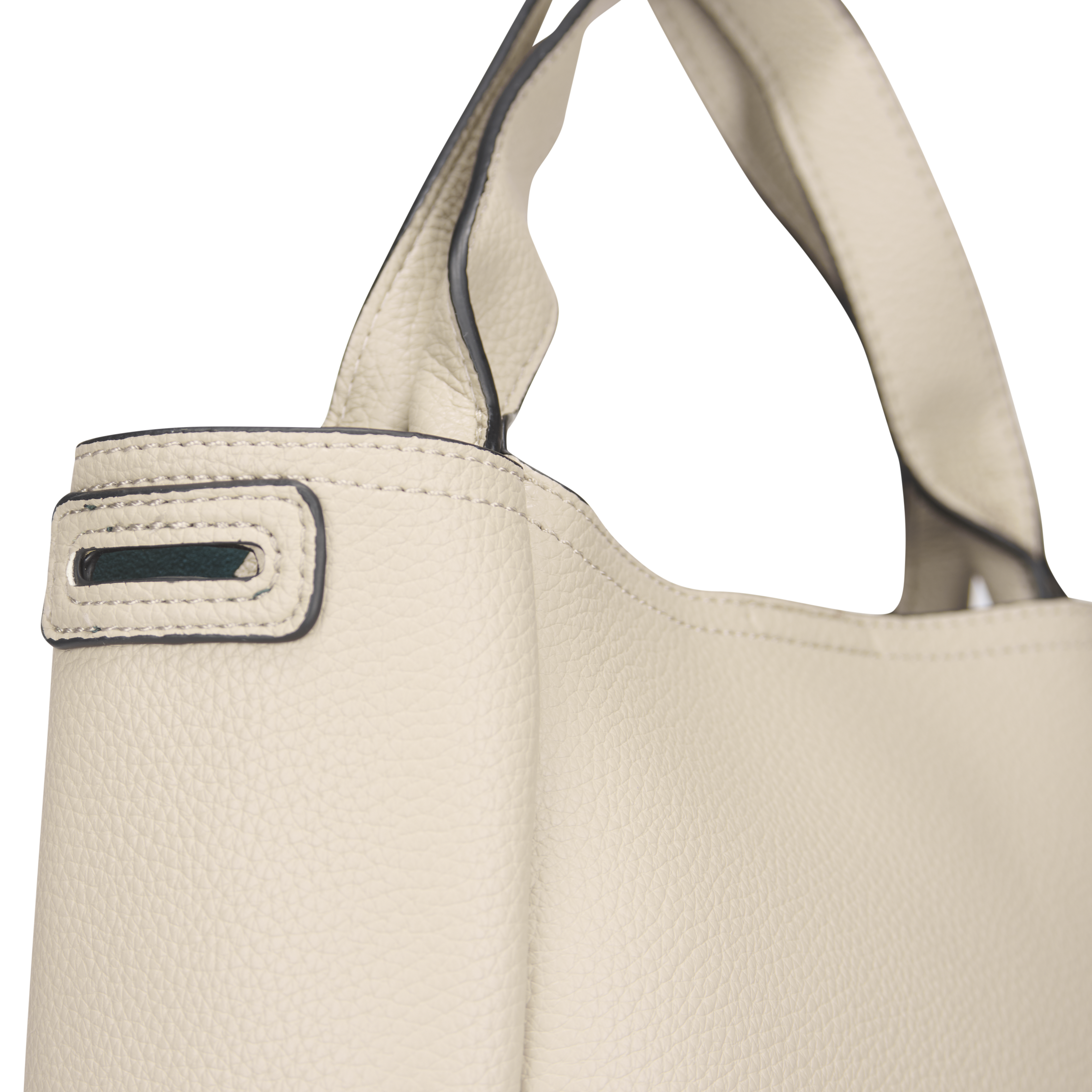 Beige handbag with a textured surface and visible stitching on a white background
