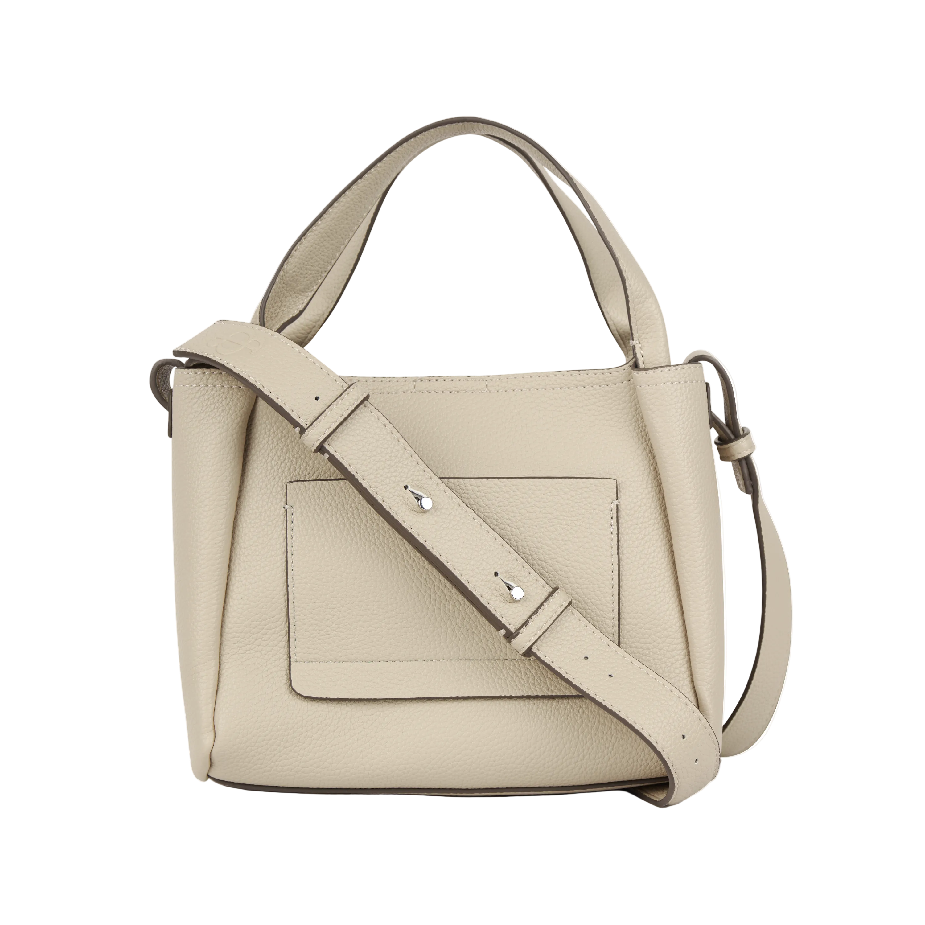 Beige top handle or crossbody bag with a removable shoulder strap